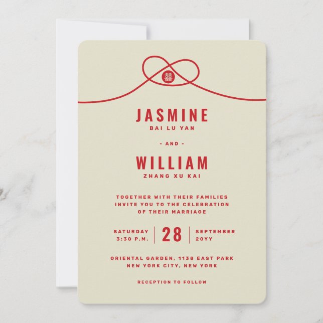 Invitación Unión de nudos rojos doble felicidad Boda chino (Anverso)
