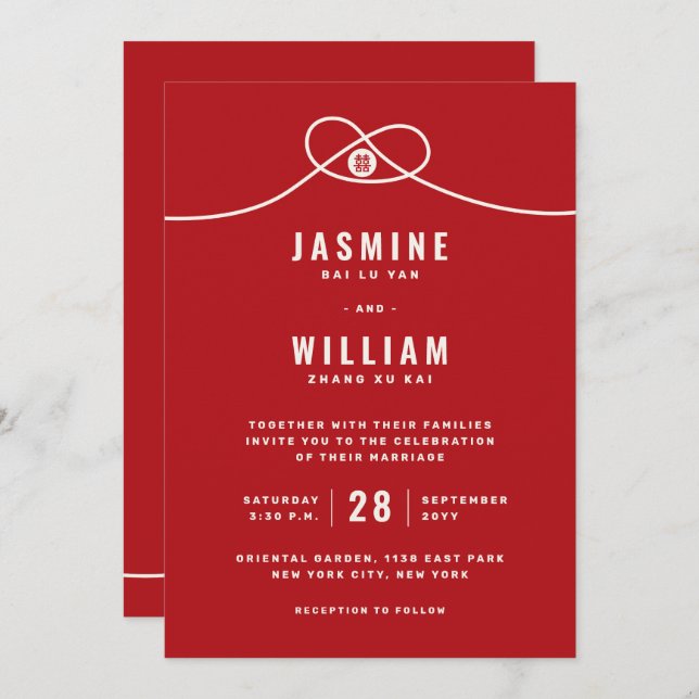 Invitación Unión de nudos rojos doble felicidad Boda chino (Anverso / Reverso)
