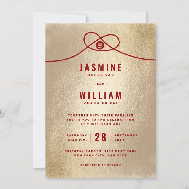 Invitación Unión de nudos rojos doble felicidad Boda chino (Anverso)