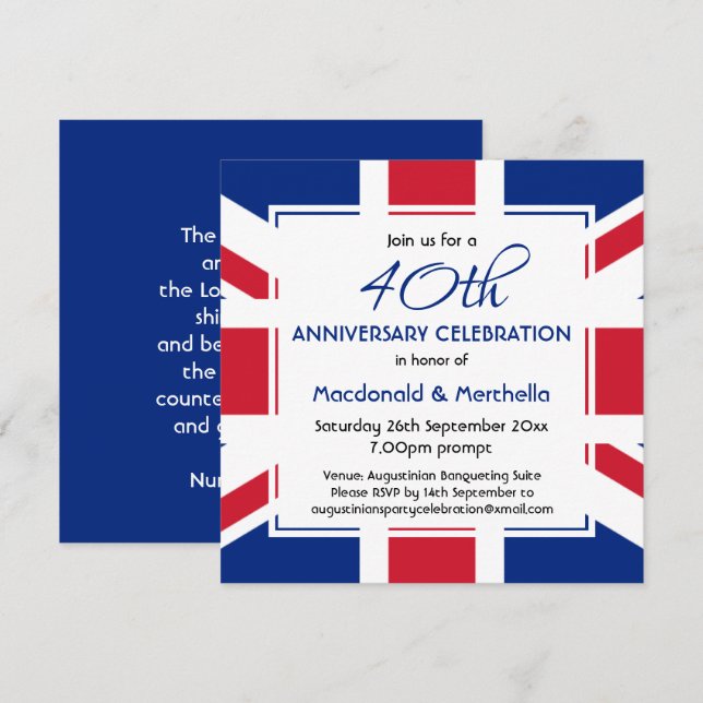 Invitación UNION JACK Celebración AZUL del Personalizado de B (Anverso / Reverso)