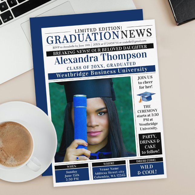 Invitación Unique Blue Graduation Newspaper Breaking News (Subido por el creador)