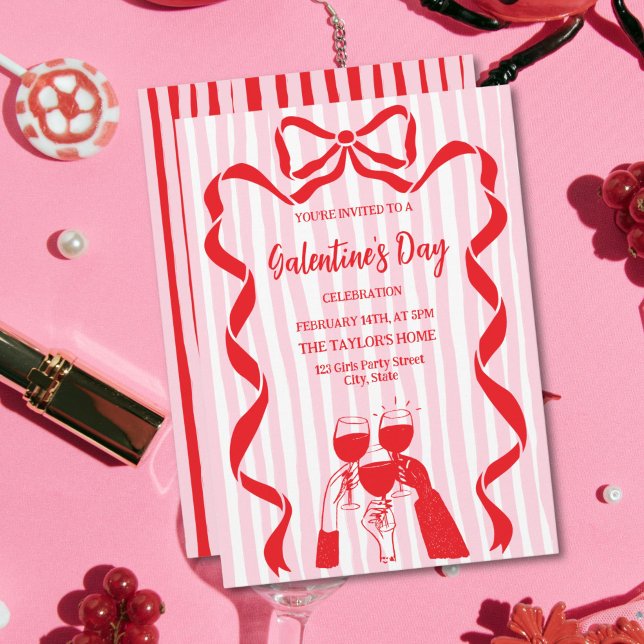 Invitación Unique Cocktail Galentine's Day Party Brunch  (red and pink doodle galentine's cocktail party invitation)