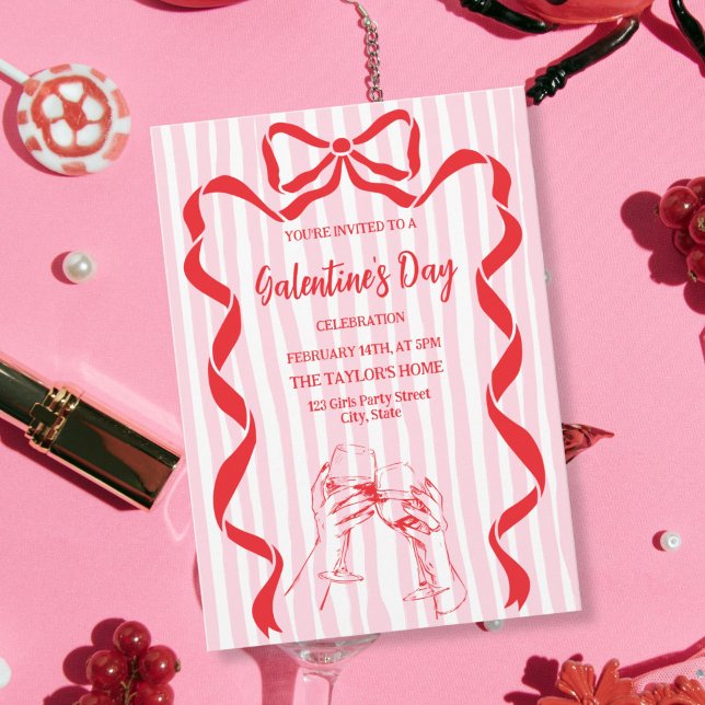 Invitación Unique Cocktail Galentine's Day Party Brunch  (red bow champagne girls galentine party invitation)