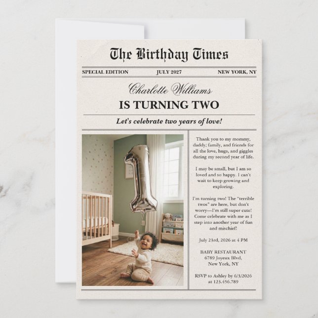 Invitación Unique Fun Newspaper Photo 2nd Birthday (Anverso)