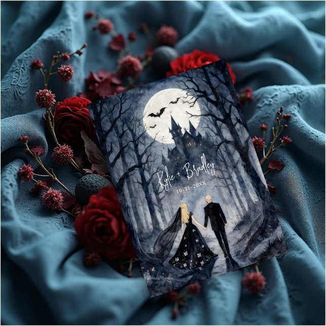 Invitación Unique Gothic Forest Wedding Couple Haunted Castle (Unique Gothic Forest Wedding Couple Haunted Castle Invitation Card Design.)
