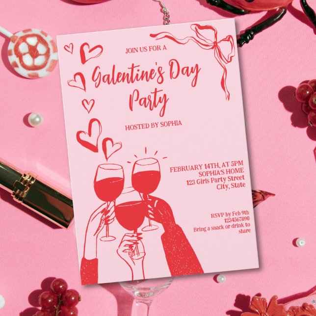 Invitación Unique Hand Drawn Pink Red Galentine's Day Party (Unique Hand Drawn Pink Red Galentine's Day Party Invitation)