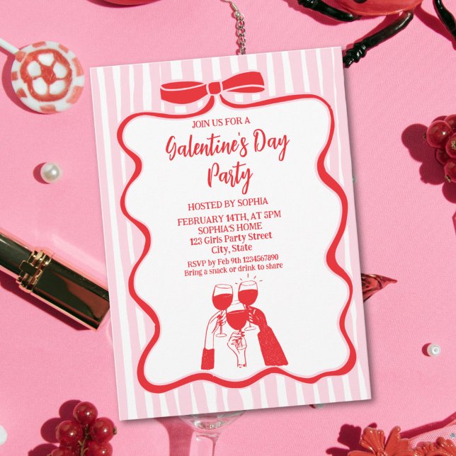 Invitación Unique Hand Drawn Pink Red Galentine's Day Party (Whimsy Hand Drawn Pink Red Galentine's Day Party Invitation)