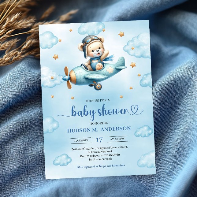 Invitación Unique Teddy Bear Pilot Blue Brown Boy Shower Card (Unique Teddy Bear Pilot Blue Brown Boy Shower Invitation

)