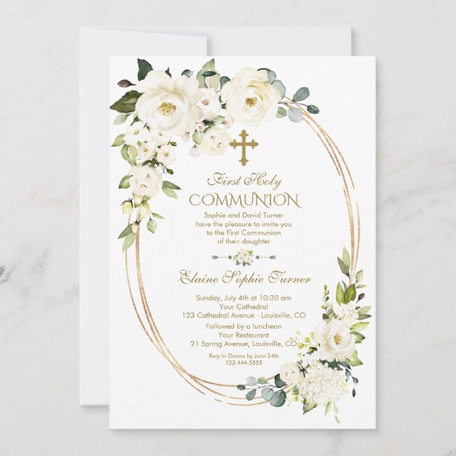 Invitación Unique White Flowers Gold First Holy Communion (Anverso)
