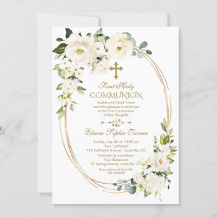 Invitación Unique White Flowers Gold First Holy Communion