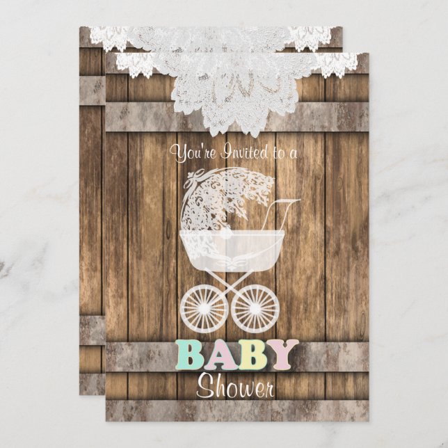 Invitación Unisex Baby 👶 Shower en madera y encaje rústicos (Anverso / Reverso)