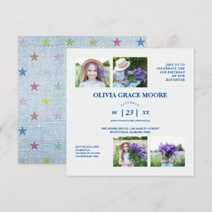 Invitación Unisex Denim Multicolored Stars Children Cumpleaño