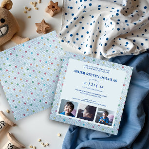 Invitación Unisex Denim Polka Dots 3 Fotos Niños Cumpleaños