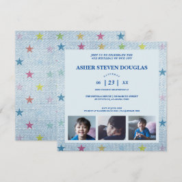 Invitación Unisex Denim Stars Tres Fotos Niños Cumpleaños