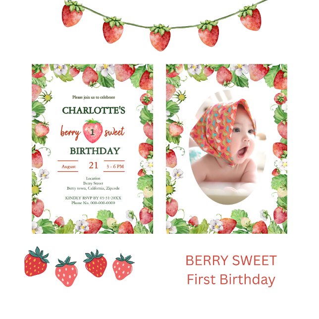 Invitación unisex dulce de berry pastel para el primer cumple (Subido por el creador)