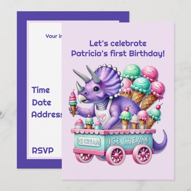 Invitación Unisex kids dinosaur ice cream party  (Anverso / Reverso)