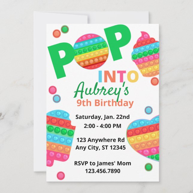 Invitación Unisex Rainbow Pop It Fidget Toy Birday Party In (Anverso)