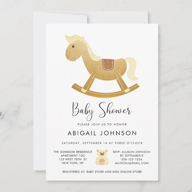 Invitación Unisex Yellow Gold Retro Rocking Horse Baby Shower (Anverso)