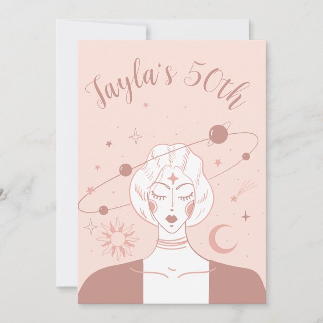 Invitación Universo Místico Coasters Rosa Musk Cumpleaños 50 (Anverso)