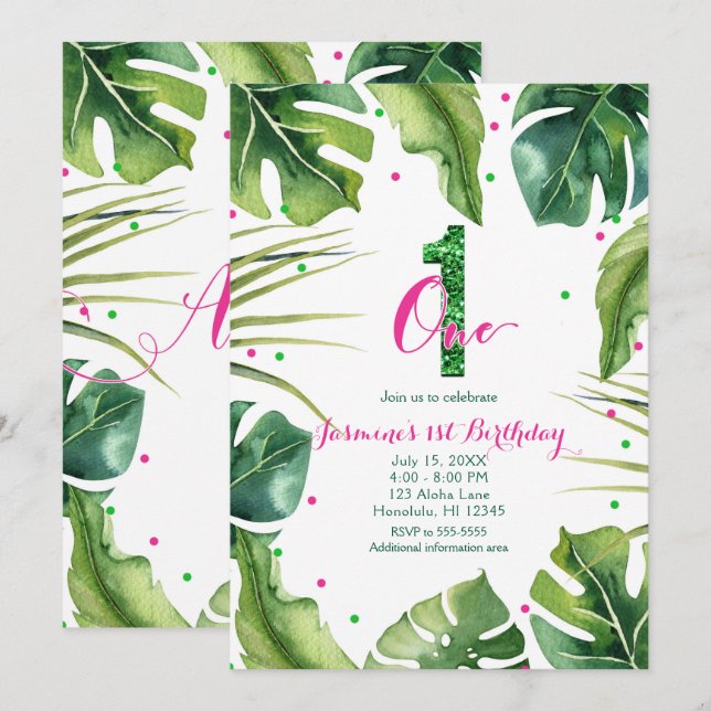 Invitación UNO 1 Cumpleaños 1er Tropical Hojas Rosa Verde (Anverso / Reverso)