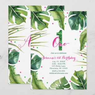 Invitación UNO 1 Cumpleaños 1er Tropical Hojas Rosa Verde
