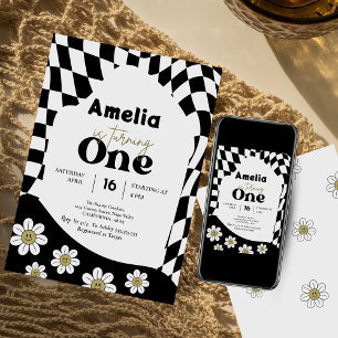 Invitación ¡Uno!   Black Checkered   Gingham   1 cumpleaños