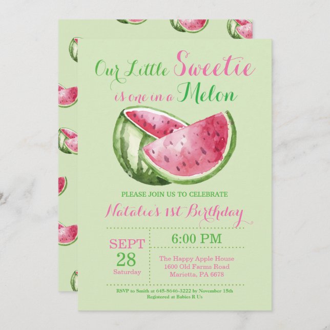 Invitación Uno en cumpleaños de la sandía del melón un primer (Anverso / Reverso)