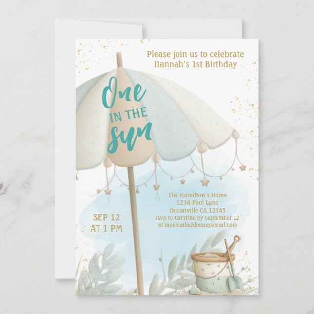 Invitación Uno en el Sol Cumpleaños de Verano en la Playa (Anverso)