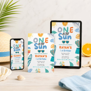 Invitación Uno en el Sol Fiesta de Cumpleaños Tropical de Pla