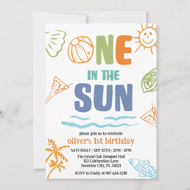 Invitación Uno en el sol, Fiesta de piscina primer cumpleaños (Anverso)