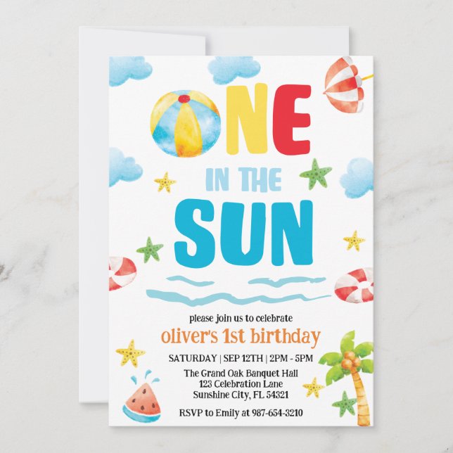 Invitación Uno en el sol, Fiesta de piscina primer cumpleaños (Anverso)