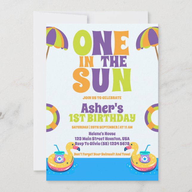 Invitación Uno En El Sol Tropical Beach Boy Primer Cumpleaños (Anverso)