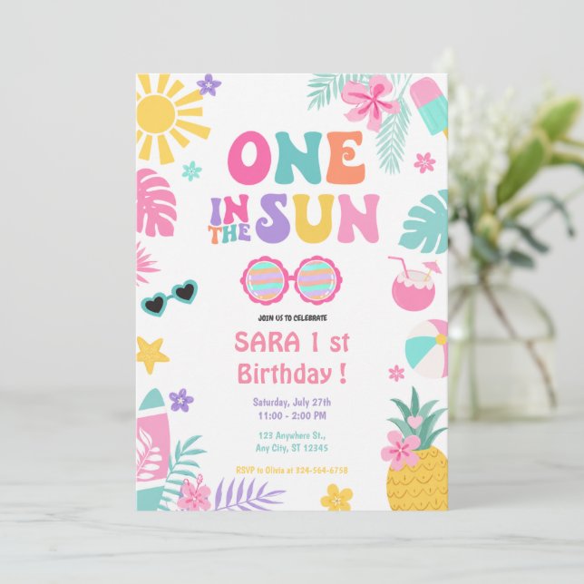 Invitación Uno en el Sol Tropical Primer Cumpleaños (Anverso de pie)