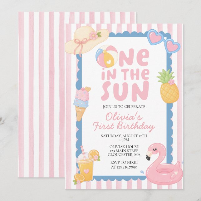 Invitación Uno en la playa costera de cumpleaños 1er (Anverso / Reverso)