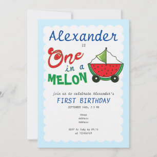 Invitación Uno en Melon Blue Cute Boat Pull Toy 1er cumpleaño