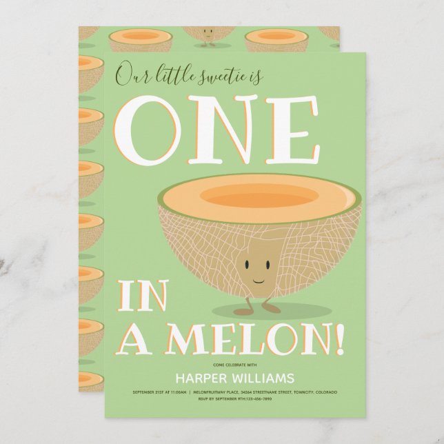 Invitación Uno en Melon Cantaloupe Personalizado de cumpleaño (Anverso / Reverso)