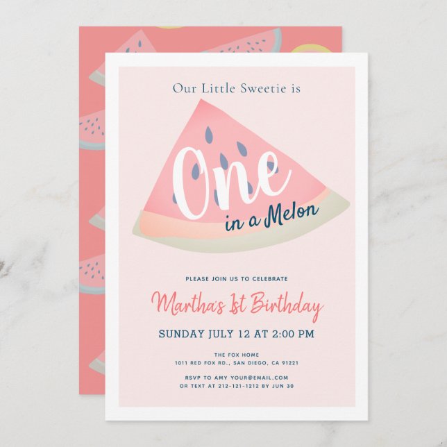Invitación Uno en Melón Melón Rosa Primer cumpleaños (Anverso / Reverso)