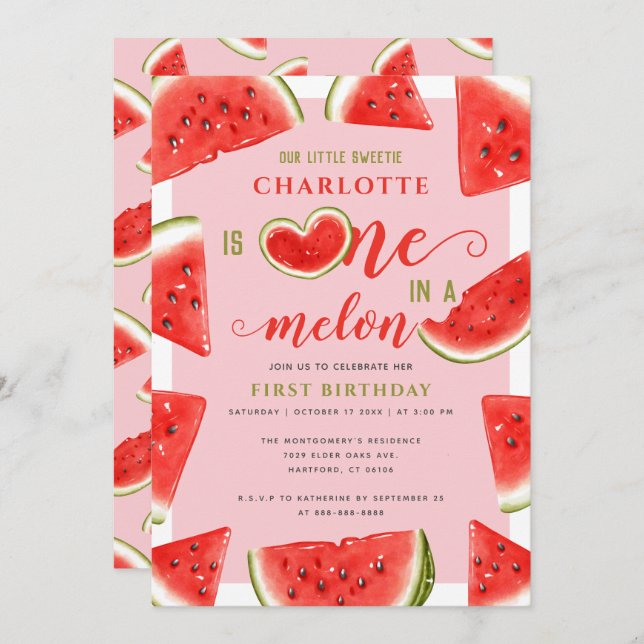 Invitación Uno En Melón Primer Cumpleaños Dulce sandía Rosa (Anverso / Reverso)