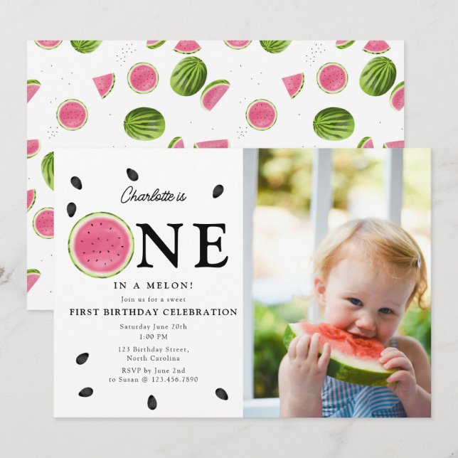Invitación Uno en Melon Watermelon Foto de verano Cumpleaños (Anverso / Reverso)