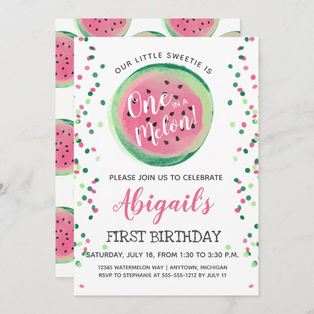 Invitación Uno en Melon Watermelon Primer cumpleaños (Anverso / Reverso)