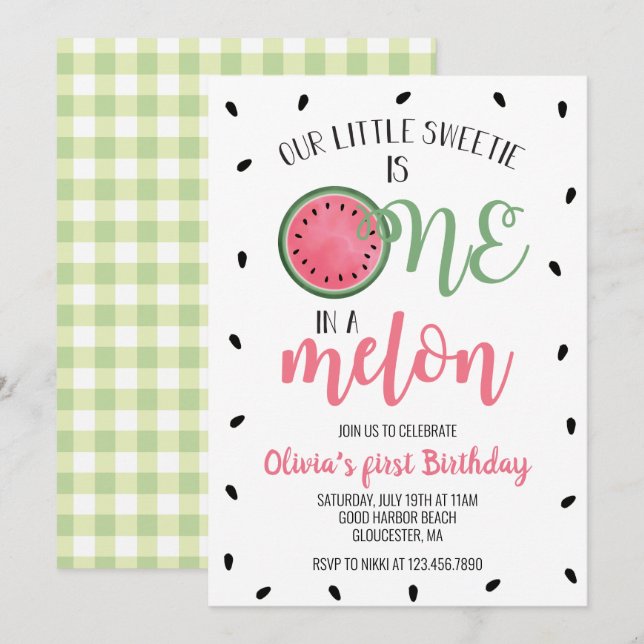 Invitación Uno en un Cumpleaños Número Uno de Sandía Melón (Anverso / Reverso)