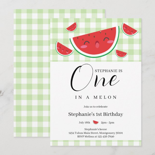 Invitación Uno en un Fiesta de verano de Melon Gingham de cum (Anverso / Reverso)