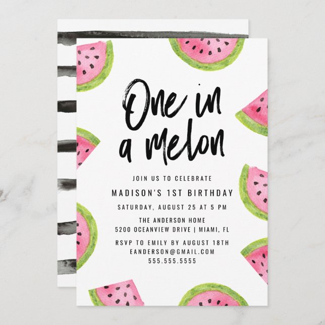 Invitación Uno en un Fiesta del primer cumpleaños de Melón (Anverso / Reverso)