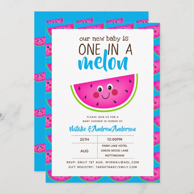 Invitación Uno En Un MELON Baby Shower Blue Pink Modern Cute (Anverso / Reverso)