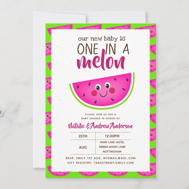 Invitación Uno En Un MELON Baby Shower Lime Green Pink Modern (Anverso)