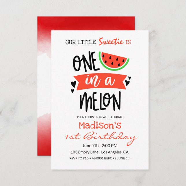 Invitación Uno En Un Melón | Cumpleaños del bebé (Anverso / Reverso)