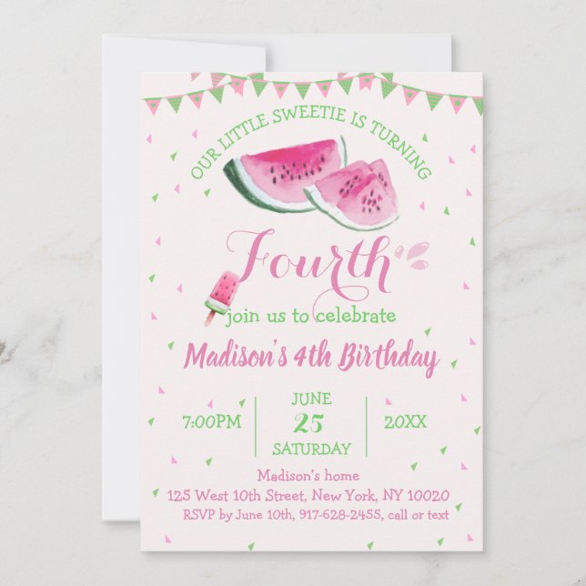 Invitación Uno En Un Melón Cute De Melón Cuarto Cumpleaños (Anverso)