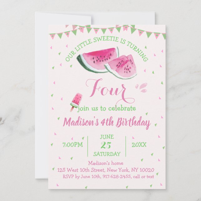 Invitación Uno En Un Melón De Melón Cute Cuatro Cumpleaños (Anverso)
