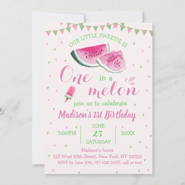 Invitación Uno En Un Melón De Melón Cute Primer Cumpleaños (Anverso)