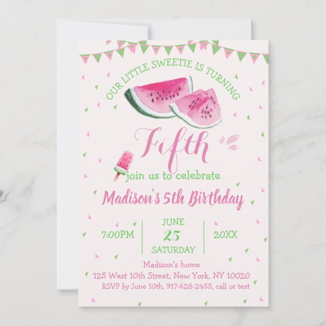 Invitación Uno En Un Melón De Melón Cute Quinto Cumpleaños (Anverso)